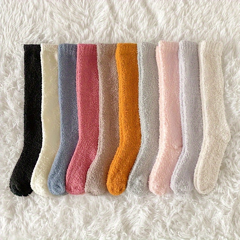 

5pcs Women's Cozy Coral Fleece Calf Socks - Soft, Stretchy Polyester , Solid Color, Machine Washable