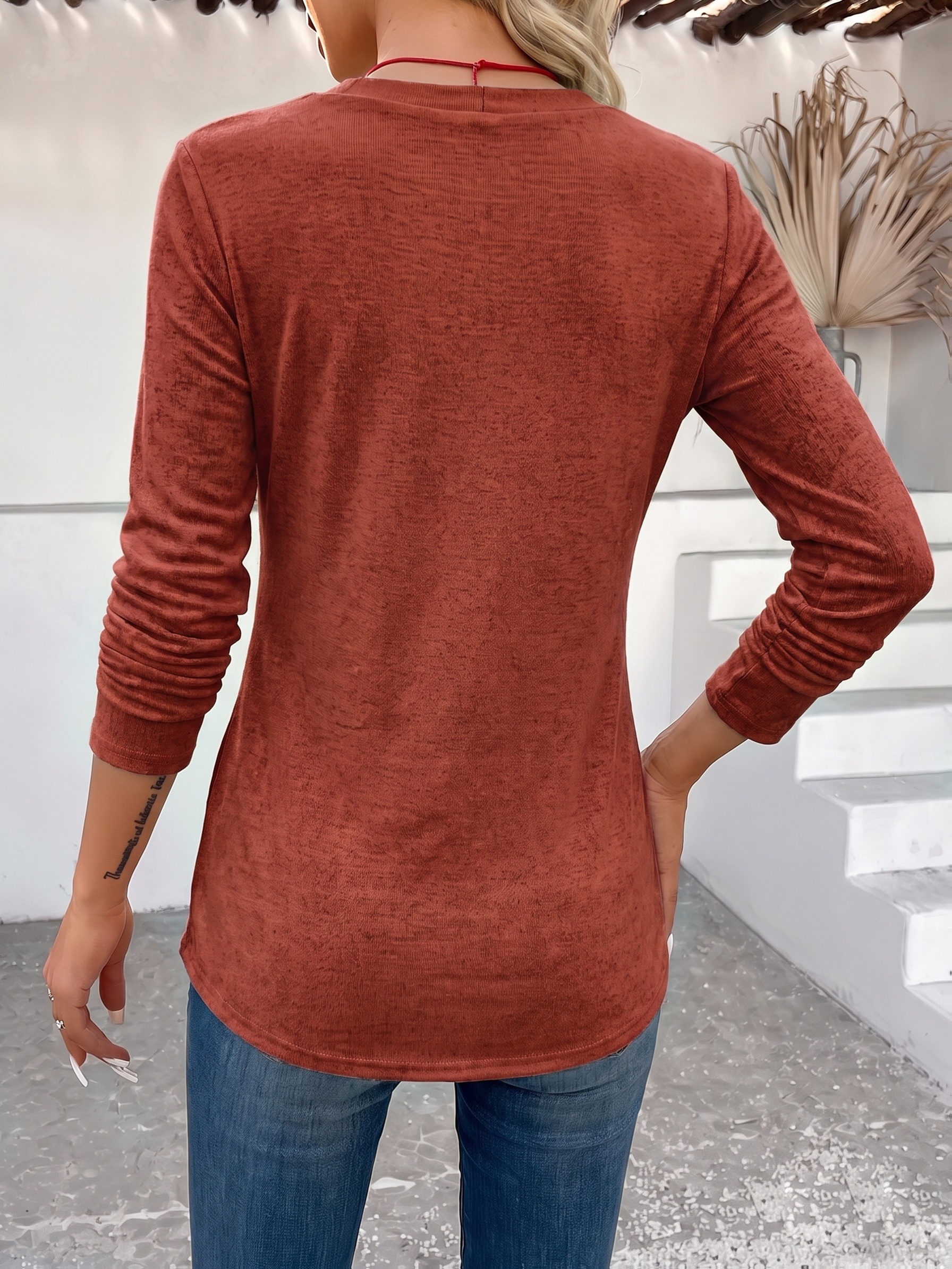 womens fashionable casual comfortable simple pullover striped contrast color v neck decorative button long sleeve womens 2 in 1 look long top
