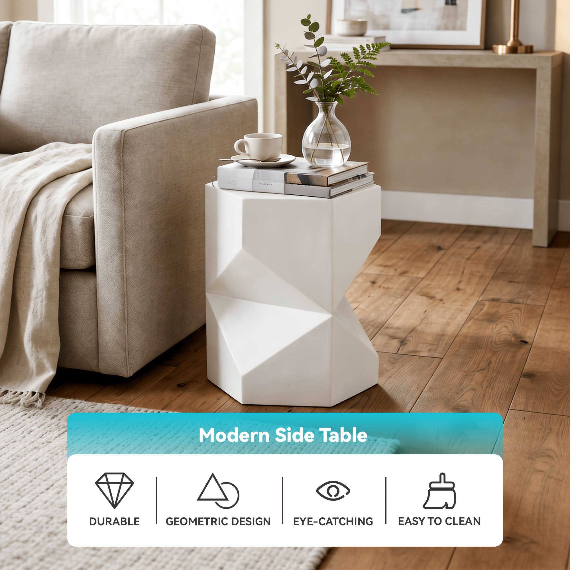 17.9” Modern Polygonal Magnesium Oxide Side Table - Space-Saving /Outdoor Accent Table with Polished Cement Top & Magnesium Frame, Suitable for Living Room, Bedroom, Balcony - White/Black/Grey Geometric End Table or Plant Stand