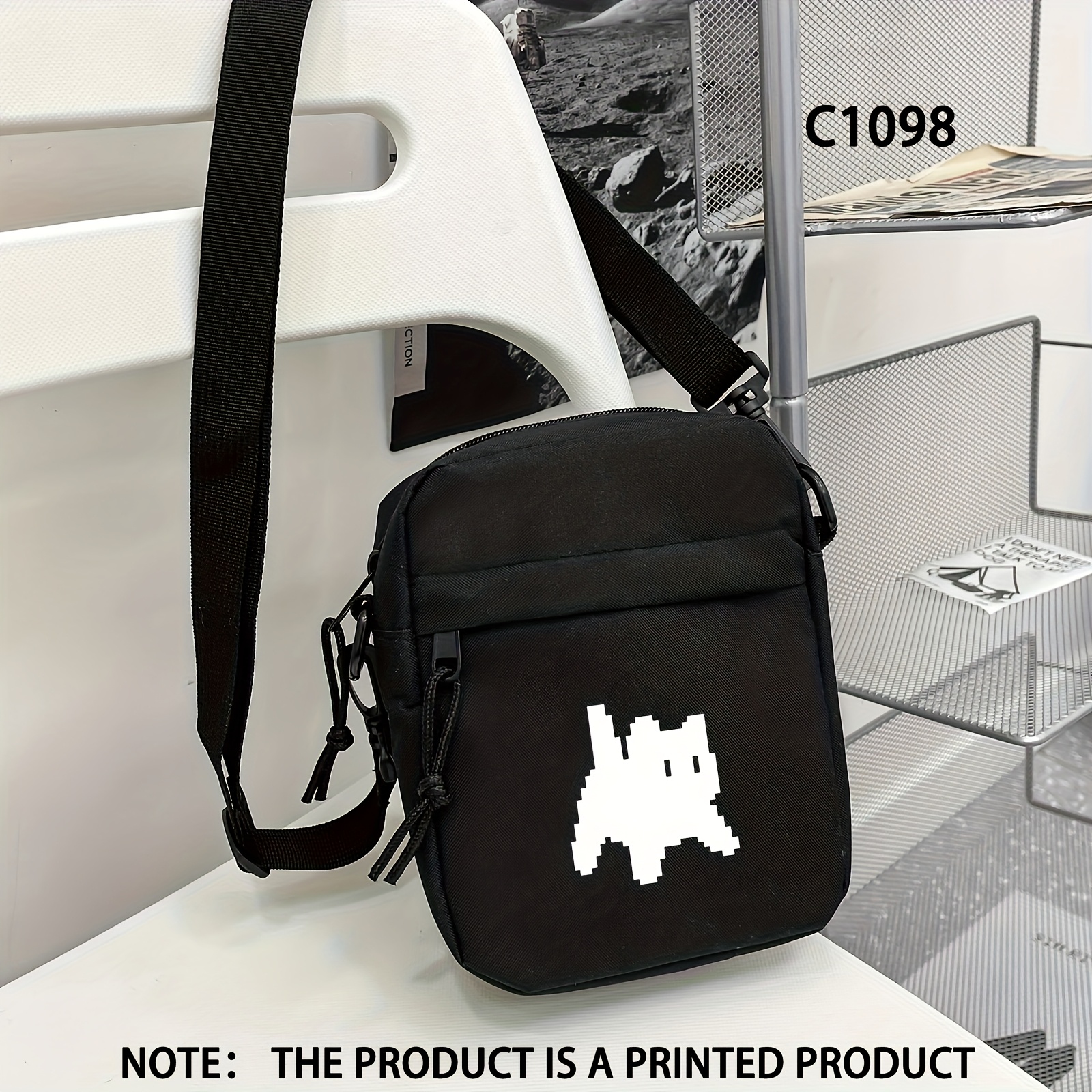E-shop Stylische schwarze Pixel Katzenmuster Print Trendige quadratische Umhängetasche, vielseitige Schultertasche, praktische multifunktionale