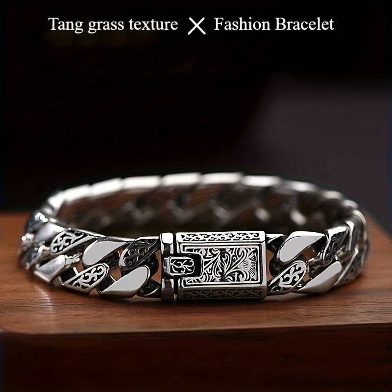 TEMU S925 Sterling Silver Cuban Men's Bracelet, Fashionable With Floral Pattern, Perfect Birthday Gift. Domineering Party Gifts For Men And Women