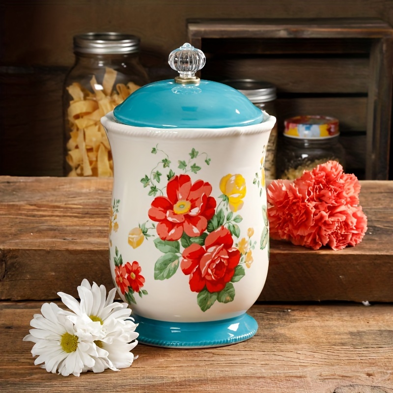 

Vintage Floral Stoneware Canister - 10.3 Inch - Decorative Storage Container With Teal Lid And Acrylic Knob