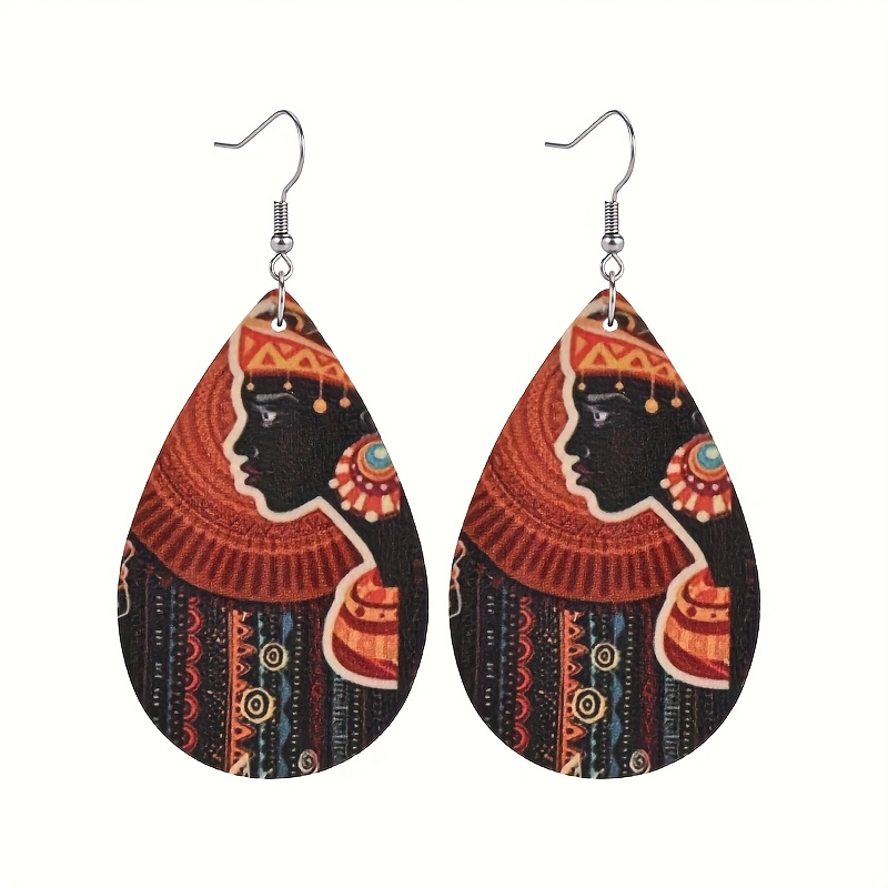 Women's African Tribal Earrings - Black Faux Leather Dangle Hoops With Red/orange/blue/beige//gray/ - Vintage African Art Jewelry For Everyday & Formal, Cultural Fashion Gift, Ethnic Style Earrings
