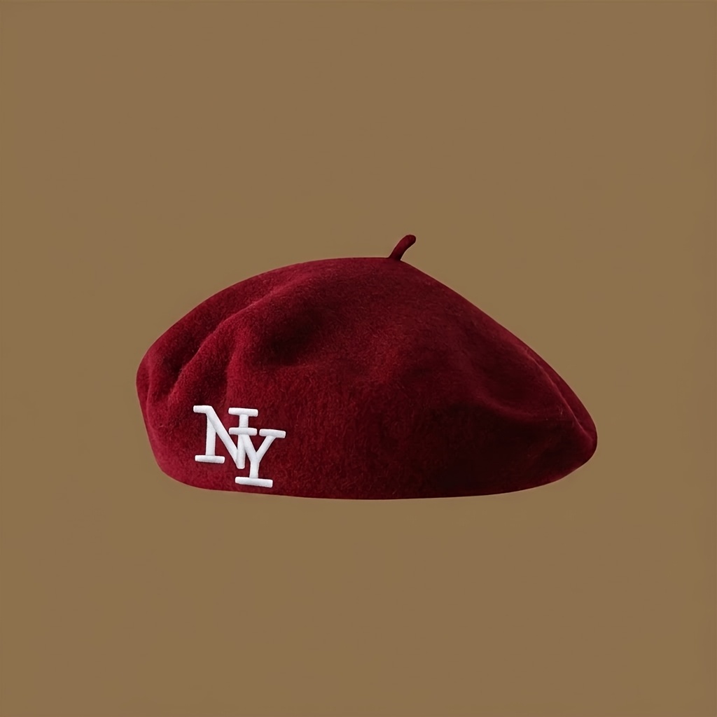 TEMU 1pc Embroidery Ny Felt Beret Hat For Women, Elegant Japanese-, Suitable For Daily Wear And Shopping Vintage Casual, School