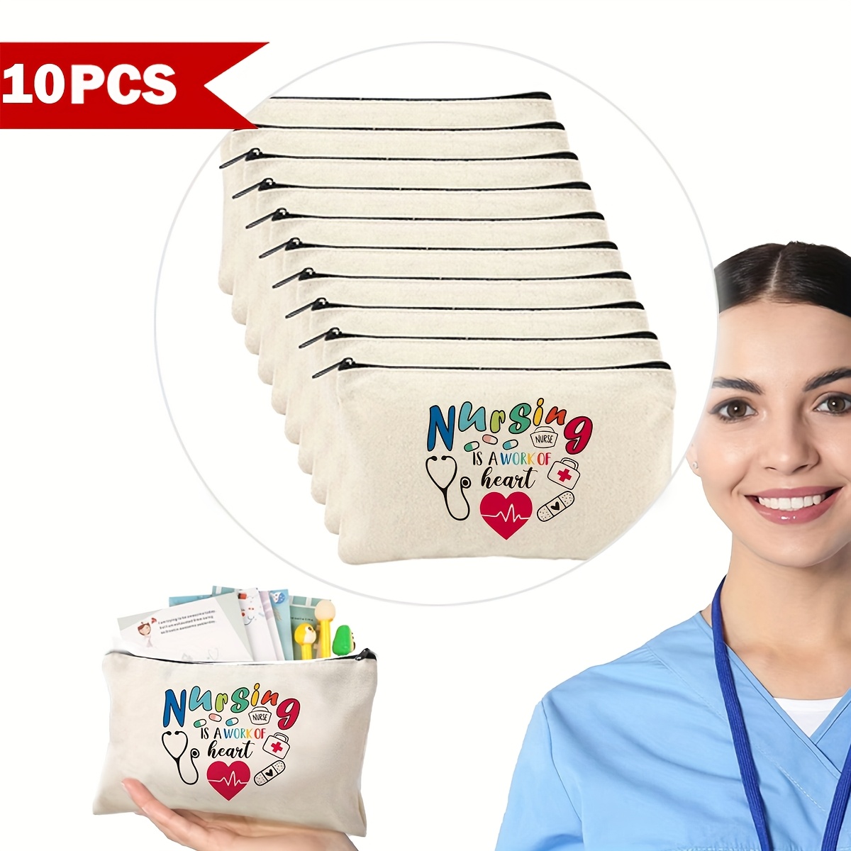 

10pcs Nursing Themed Zippered Pouches, Beige, With Heart And Print, Multipurpose Storage Bags, Hand Washable, For Medical Professionals, With Thank You Gift Bag Set