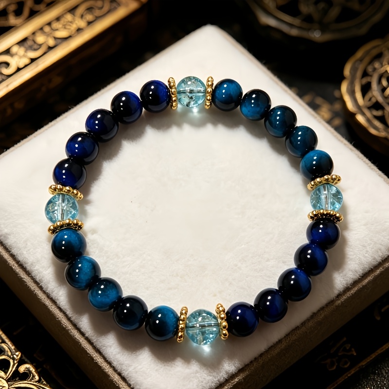 TEMU 1pc Synthetic Dark 's Eye / Light Blue Crackle-effect Ocean-style Beaded Bracelet, Featuring An Elegant Deep-sea Vintage Color Scheme. The Beads