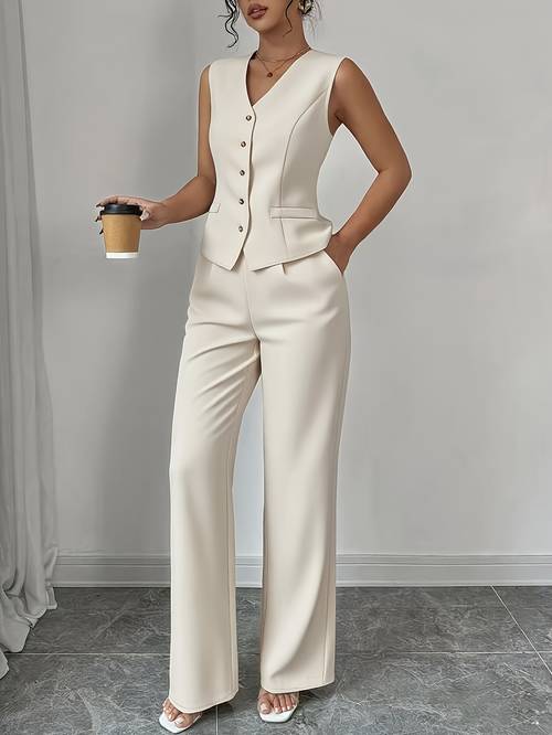 elegante en stijlvolle mouwloze dames v-hals vest en rechte broek set — met taille strik, casual voor woon-werkverkeer
