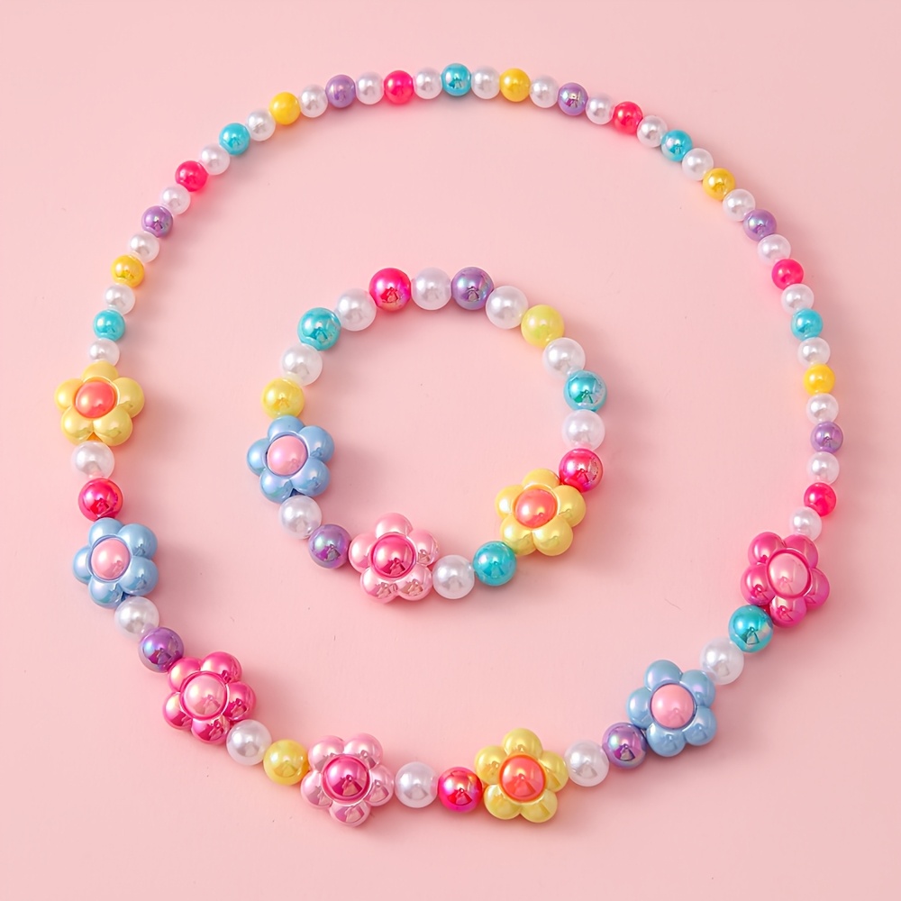 E-shop 2-teiliges Schmuckset für Mädchen mit niedlichem, dehnbarem Armband Halskette mit bunten Blumen, Party-Accessoires für , schönes