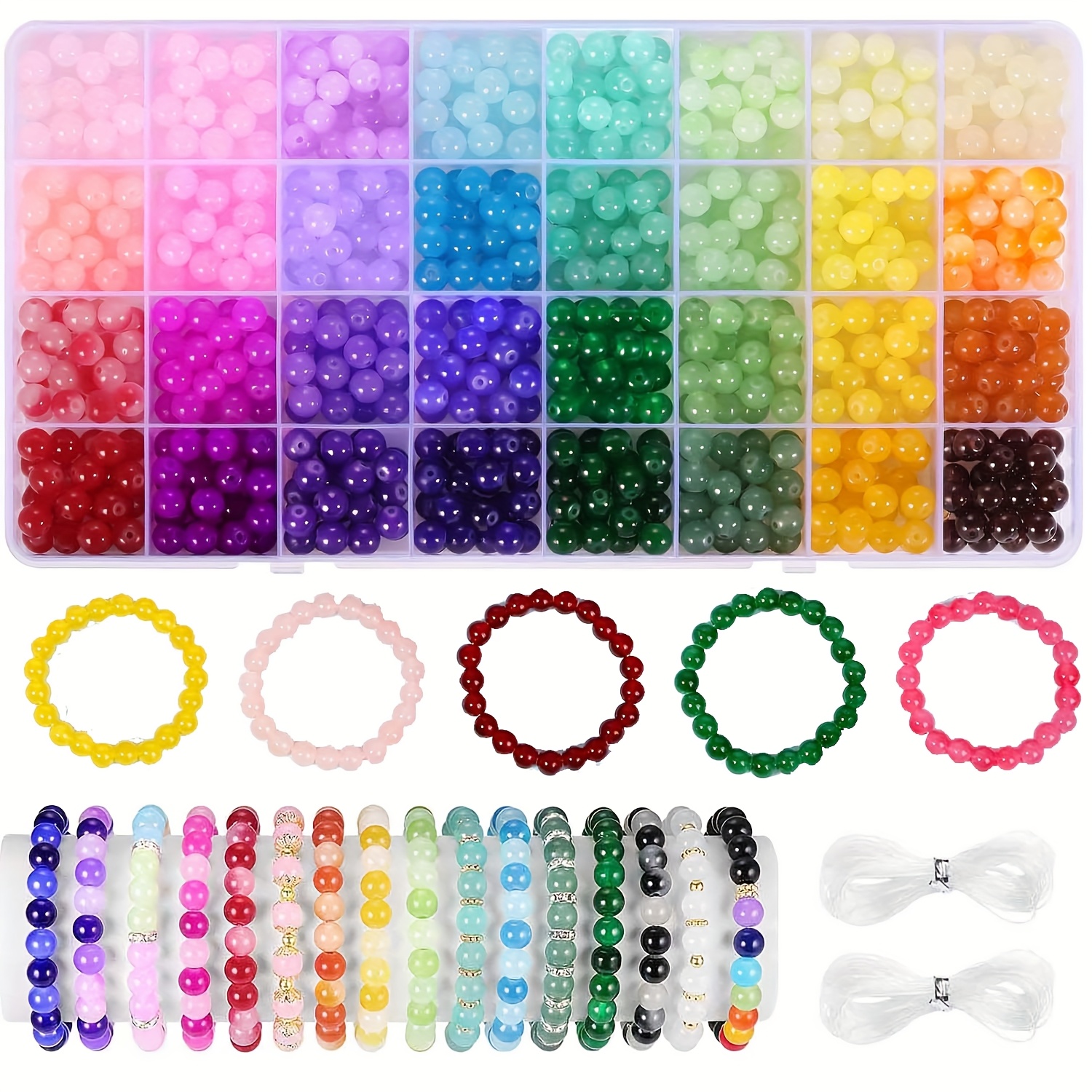 Jewelry Making Kit 576 8Mm 32 Color Round Glass Beads DIY Bracelet Materials Handmade Friendship Bracelet Creative Jewelry Adult Handmade Gift Set Holiday Birthday Gift