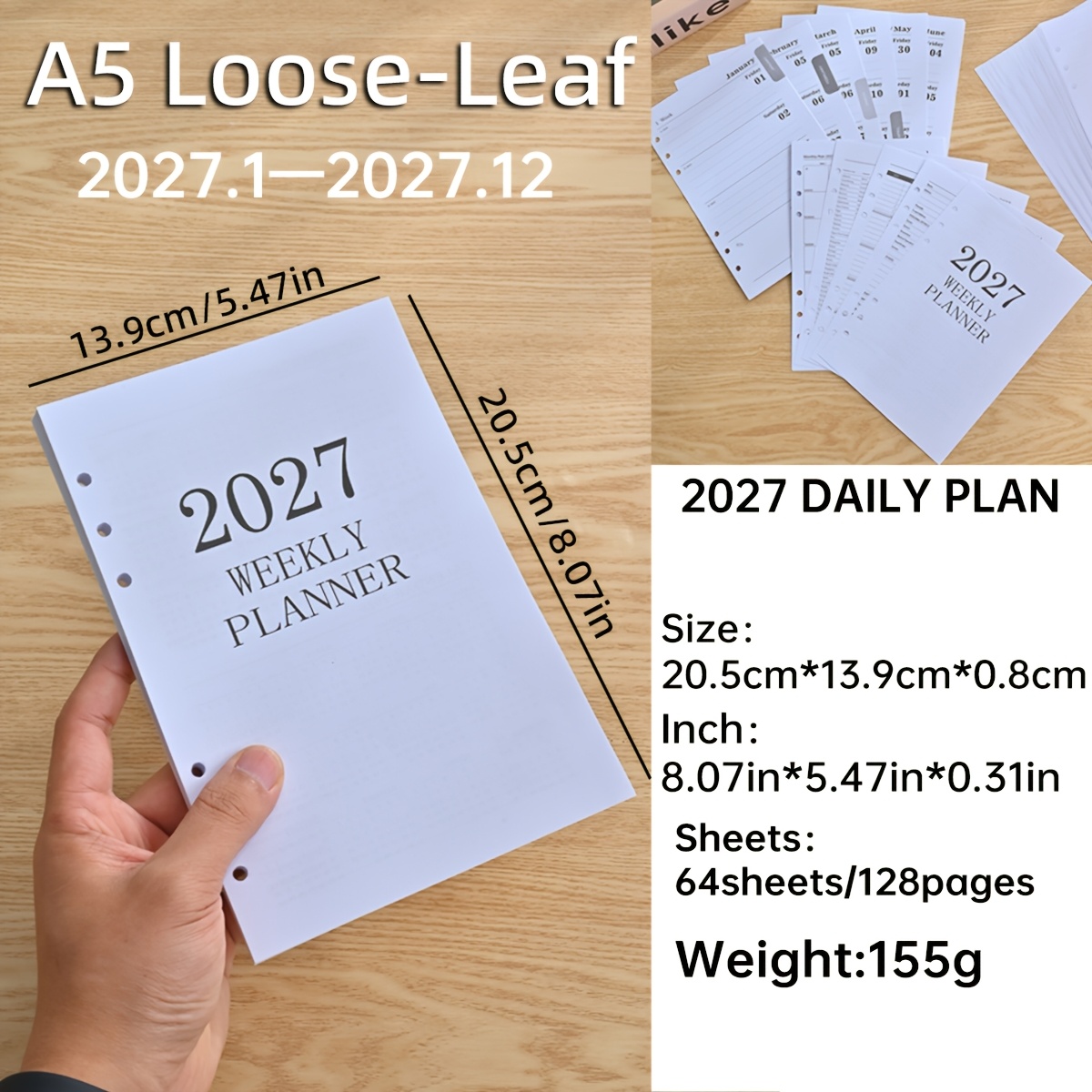 TEMU 1 Set d'inserts de planificateur de calendrier A5 2027, 64 feuilles 128 pages, calendrier annuel, pages de planificateur mensuel et hebdomadaire