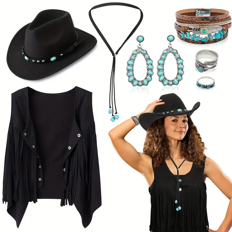 8 piezas de trajes de vaquero occidental para mujer, borlas de vaquera, chaleco, sombrero de vaquera, aretes de sol, collar, bandana (XL 8 piezas de trajes de vaquero occidental para mujer, borlas de vaquera, chaleco, sombrero de vaquera, aretes de sol, collar, bandana (XL