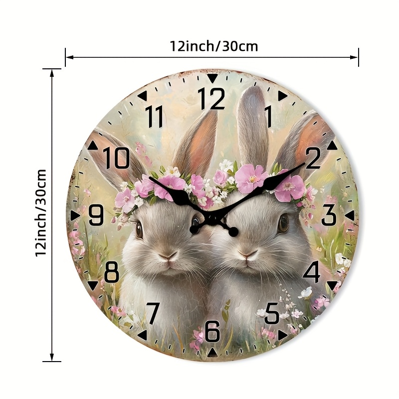 TEMU 1pc Adorable Rabbits With Floral Crowns Wall Clock - Non-ticking Wooden Decorative, Round Design For Kitchen, Bedroom, Living Room, , Laundry