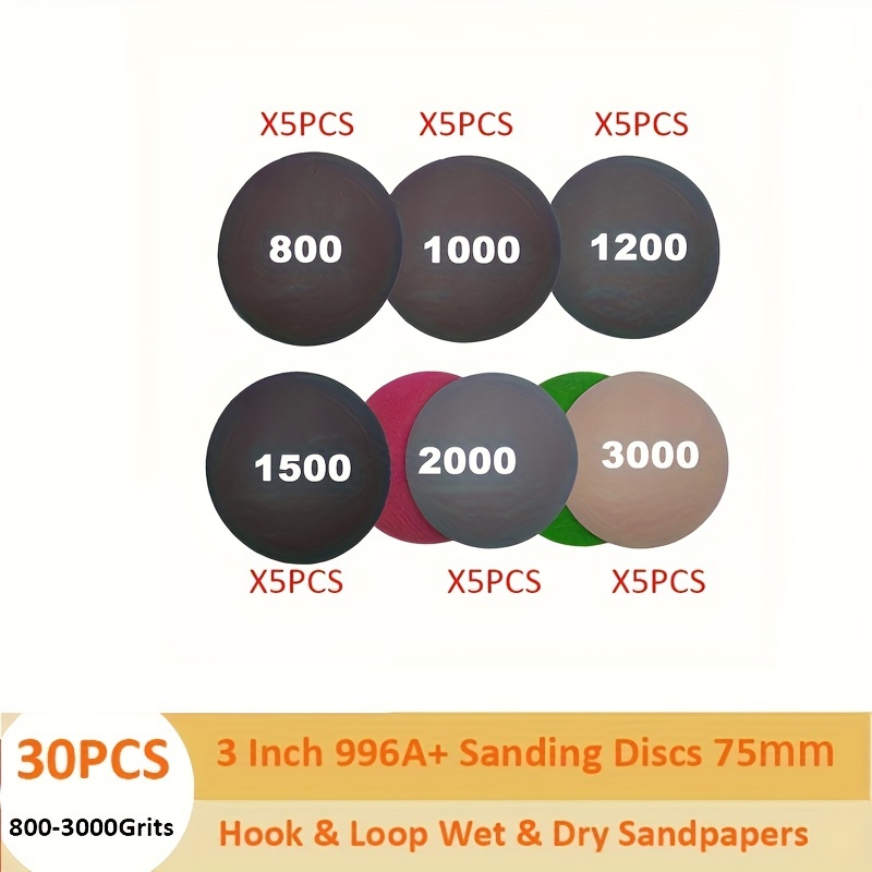 

30 disques abrasifs auto-agrippants de 3 pouces 996A+, grains 800 à 3000, pour ponceuse à disque, carbure de silicium, pour le polissage et le ponçage de voitures.