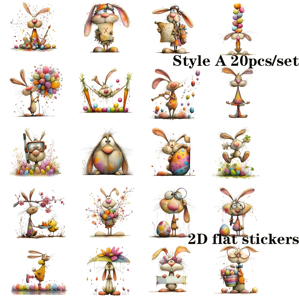 TEMU 20pcs/set Retro Easter Fun Bunny Series Handmade Sticker Decoration 2d Flat