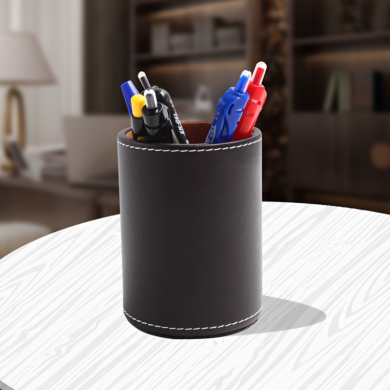 

1pc Creative Pu Leather Pen Holder, Sleek Black Cylindrical Desk Organizer For Office Supplies, Pu Leather Storage Cup With , For Home Or Office Use