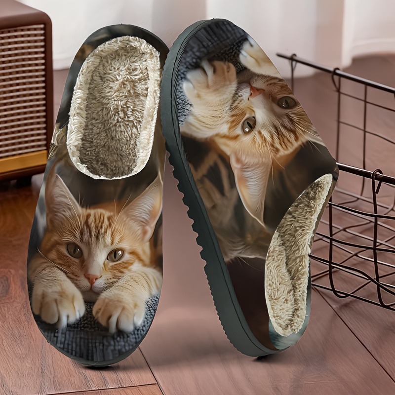 TEMU 1 Pair Comfortable Slippers With Orange And White Cat On Grey Fabric | Soft, Warm, Winter Indoor/outdoor Home Shoes, Suitable For Home, Garden,