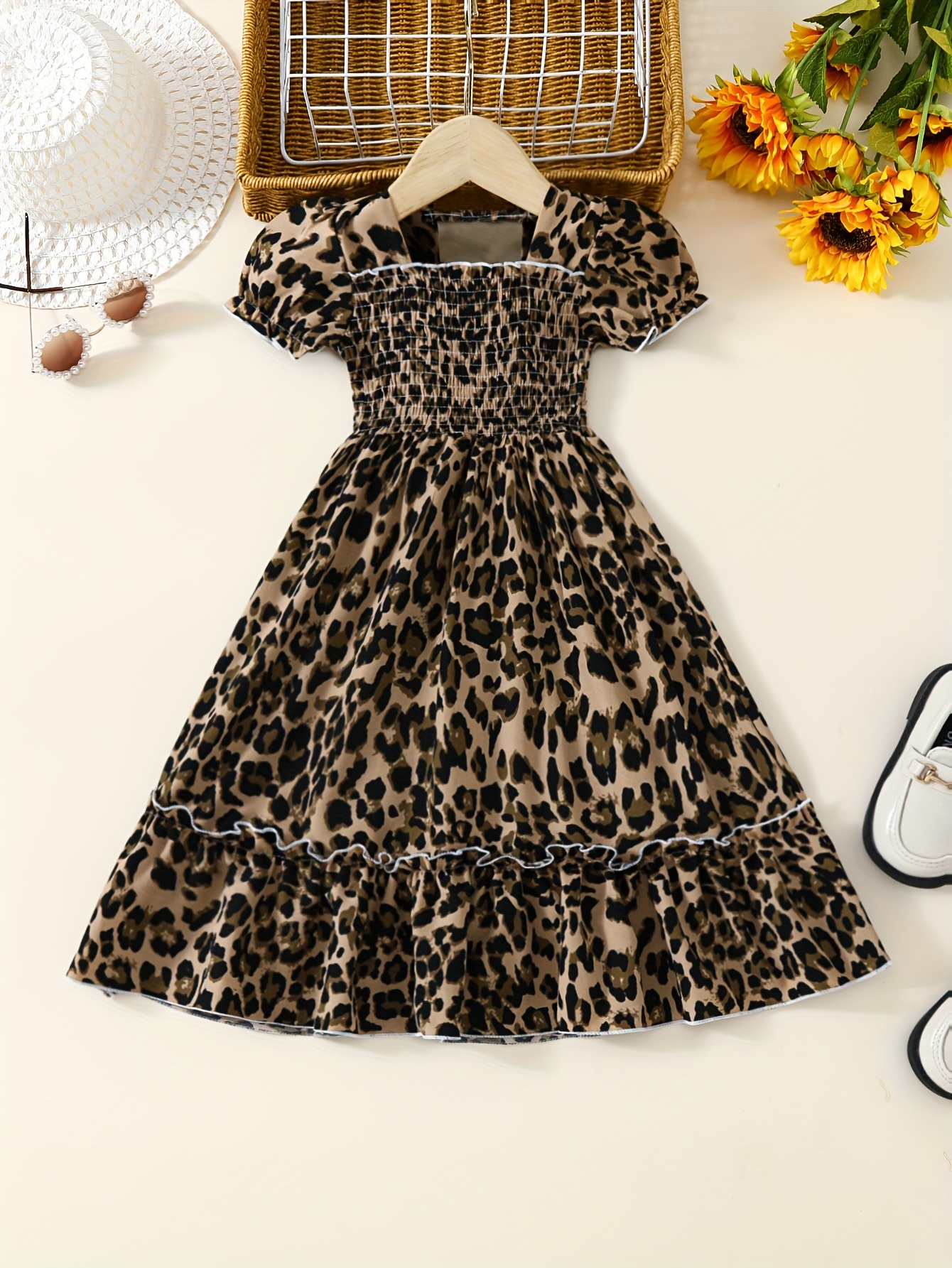 Elegant Girls Leopard Print Short Sleeve Dress Casual - Temu