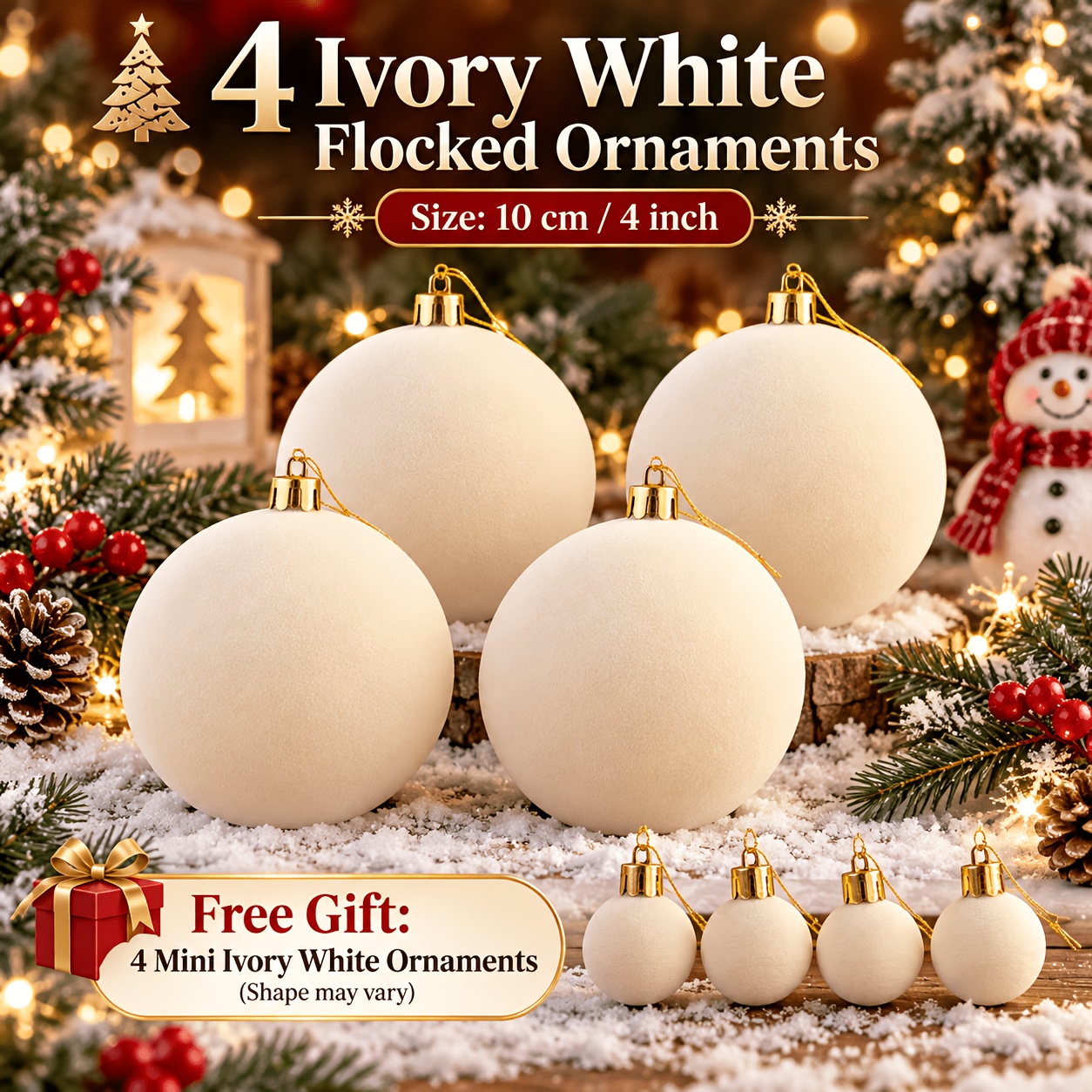 TEMU Ensemble de 10 boules de Noël floquées de 10 cm, mini boules floquées en prime, grandes décorations de Noël en velours floqué à suspendre pour