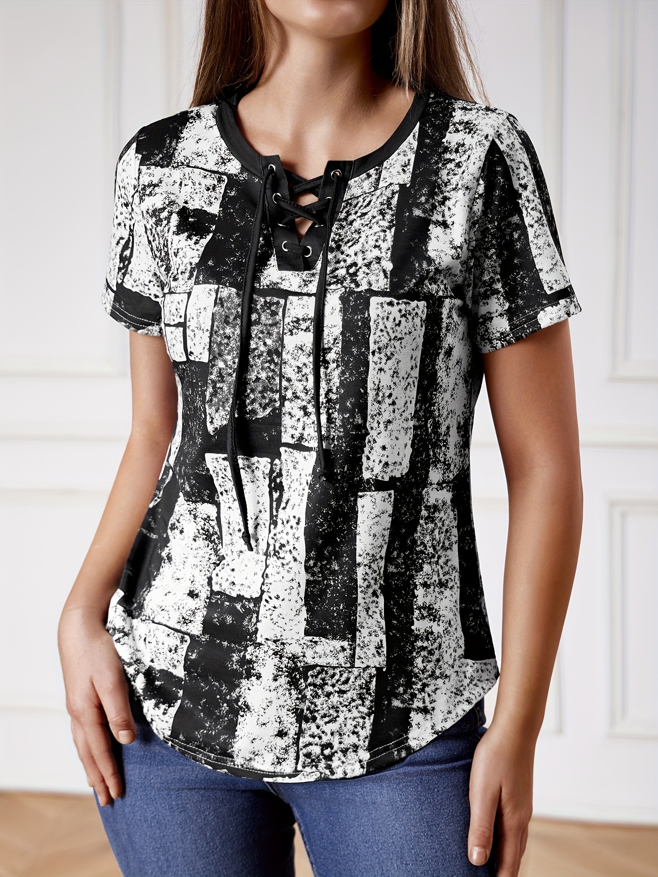 Graphic Print Lace V Neck T shirt Summer Casual Short Sleeve - Temu