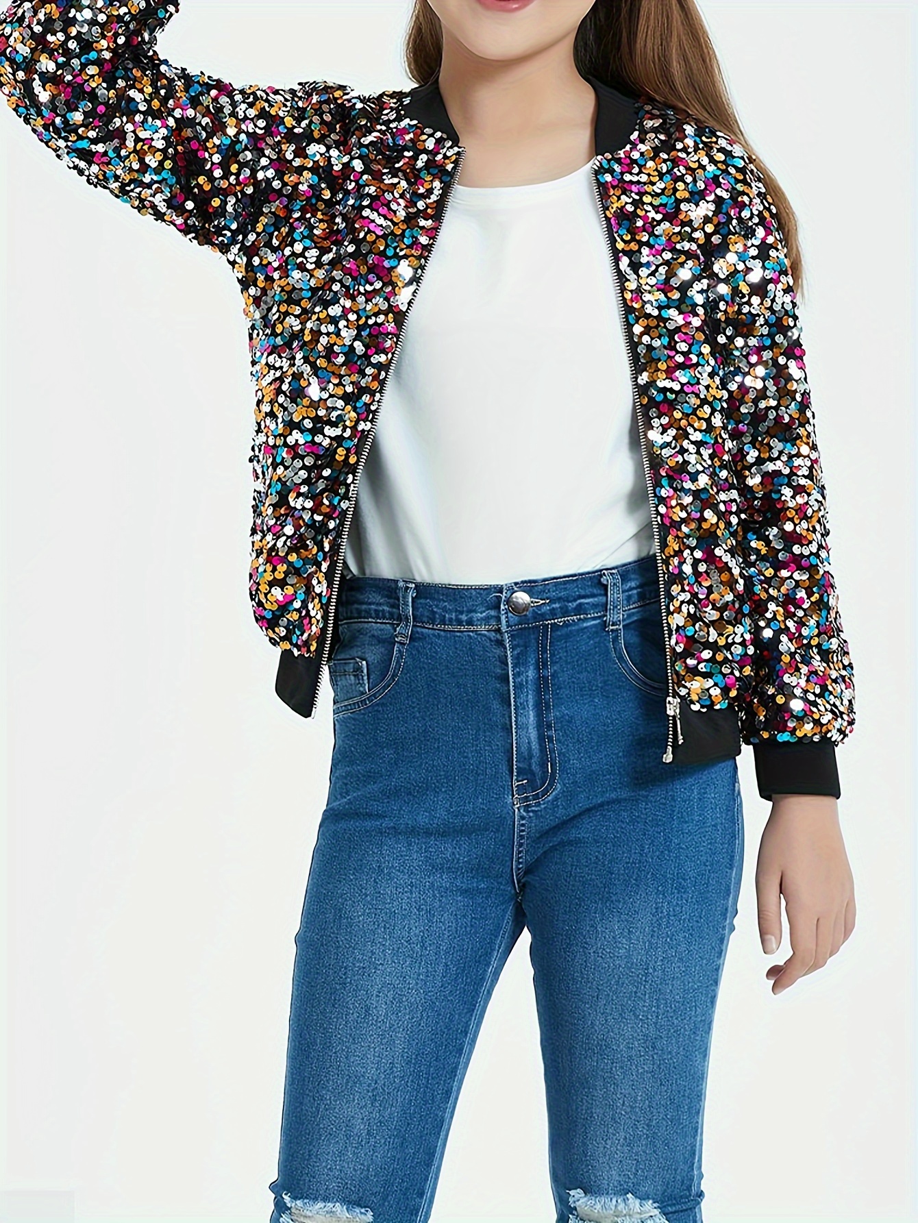 girls sequin pockets zipper long sleeve - Temu