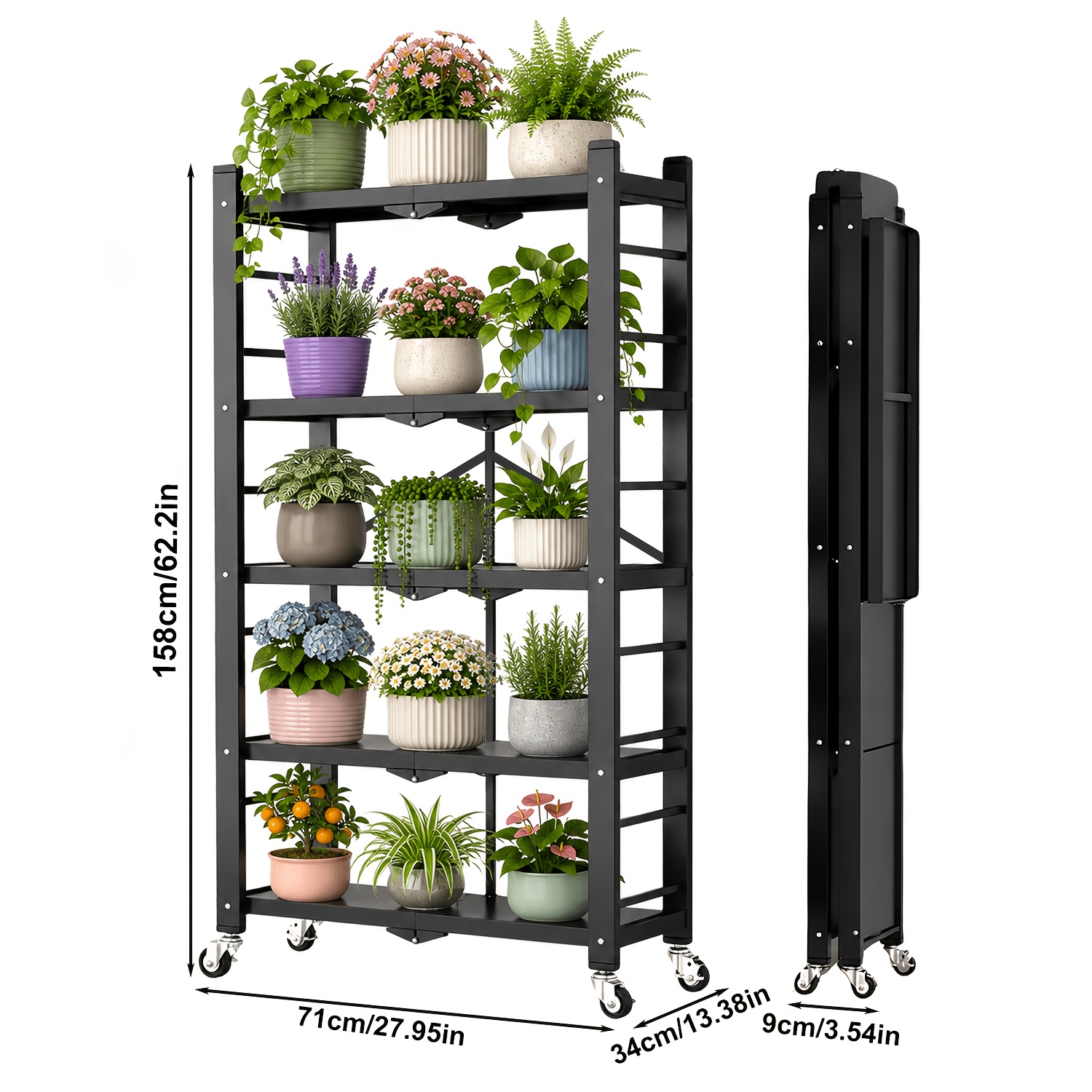 Image of Foldable Golden Plant Stand With Locking Wheels, 3/4/5 Tier Heavy Duty Rolling Storage Shelf, Easy Assembly, Indoor Outdoor Planter Rack For Patio, Garden, Greenhouse, And Home Storage
