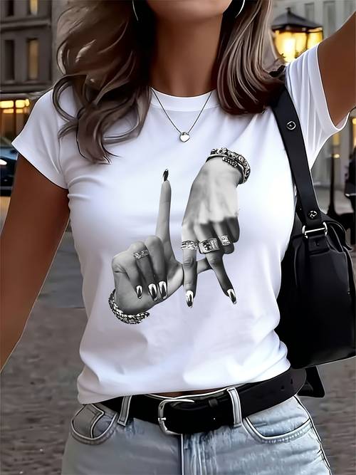 directional gesture pattern printed short sleeved round neck t shirt simple and fashionable womens s t shirt best friend outfit womens short sleeved t shirt womens short sleeved t shirt womens top