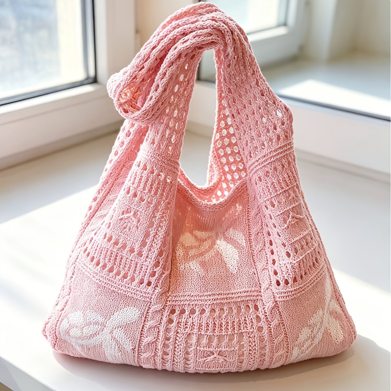 Women's Tote Bag, Hollow Knit Bag, Pink Bag With Turtle Pattern, Casual Vacation Beach Bag