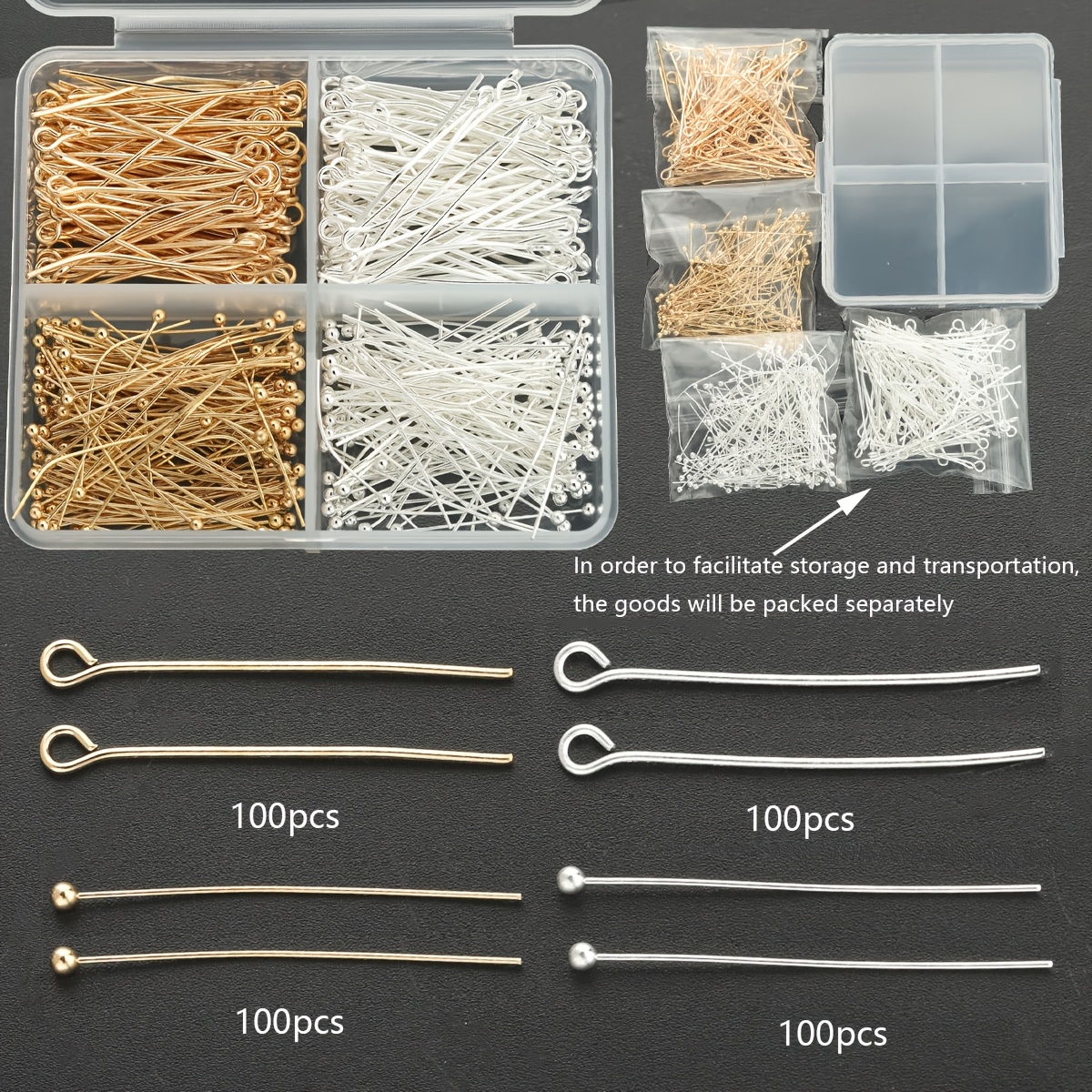 TEMU 400pcs/Boîte Tiges de Tête pour la Fabrication de Bijoux, Comprenant 200pcs de Tiges à Oeil et 200pcs de Tiges à Tête Sphérique, Idéales pour