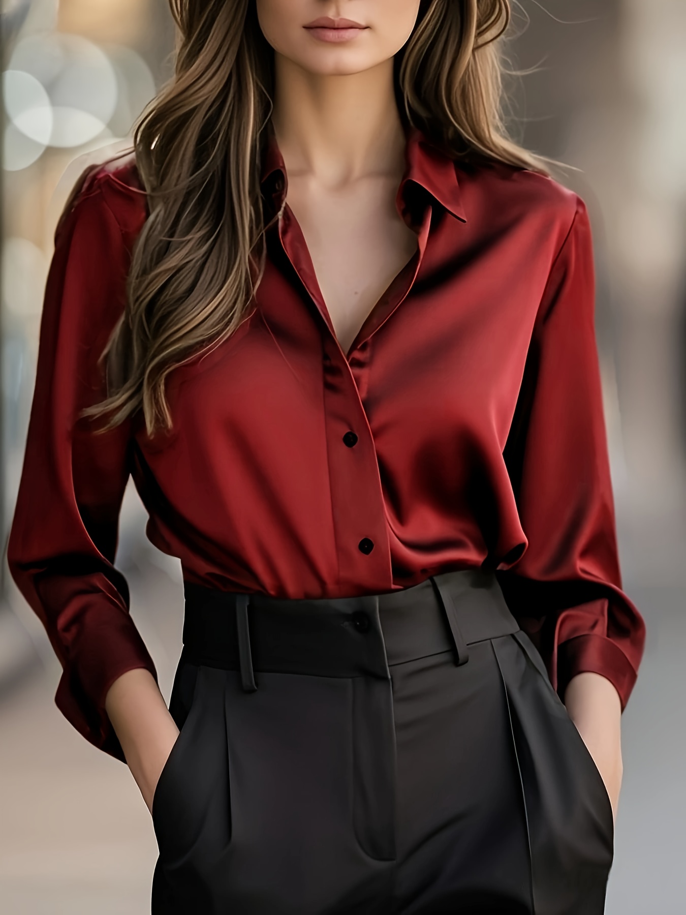 Elegant Solid Color Satin Blouse for Women | Spring/Fall Season, Long Sleeve, Single Breasted, Regular Fit