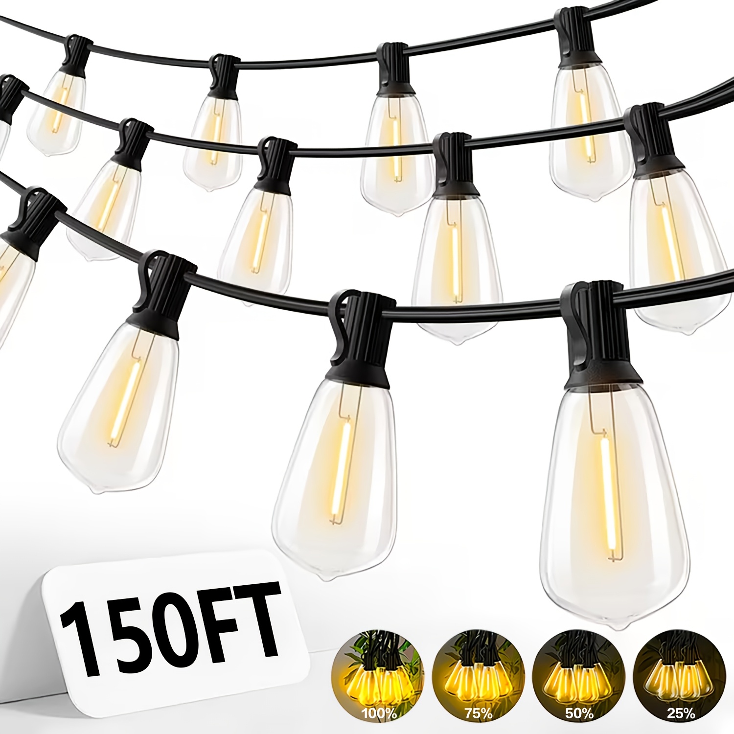 IP44 Dimmable Warm White LED Outdoor String Lights with Shatter-Resistant ST38 Bulbs, Multiple Lengths 50 to 200 ft