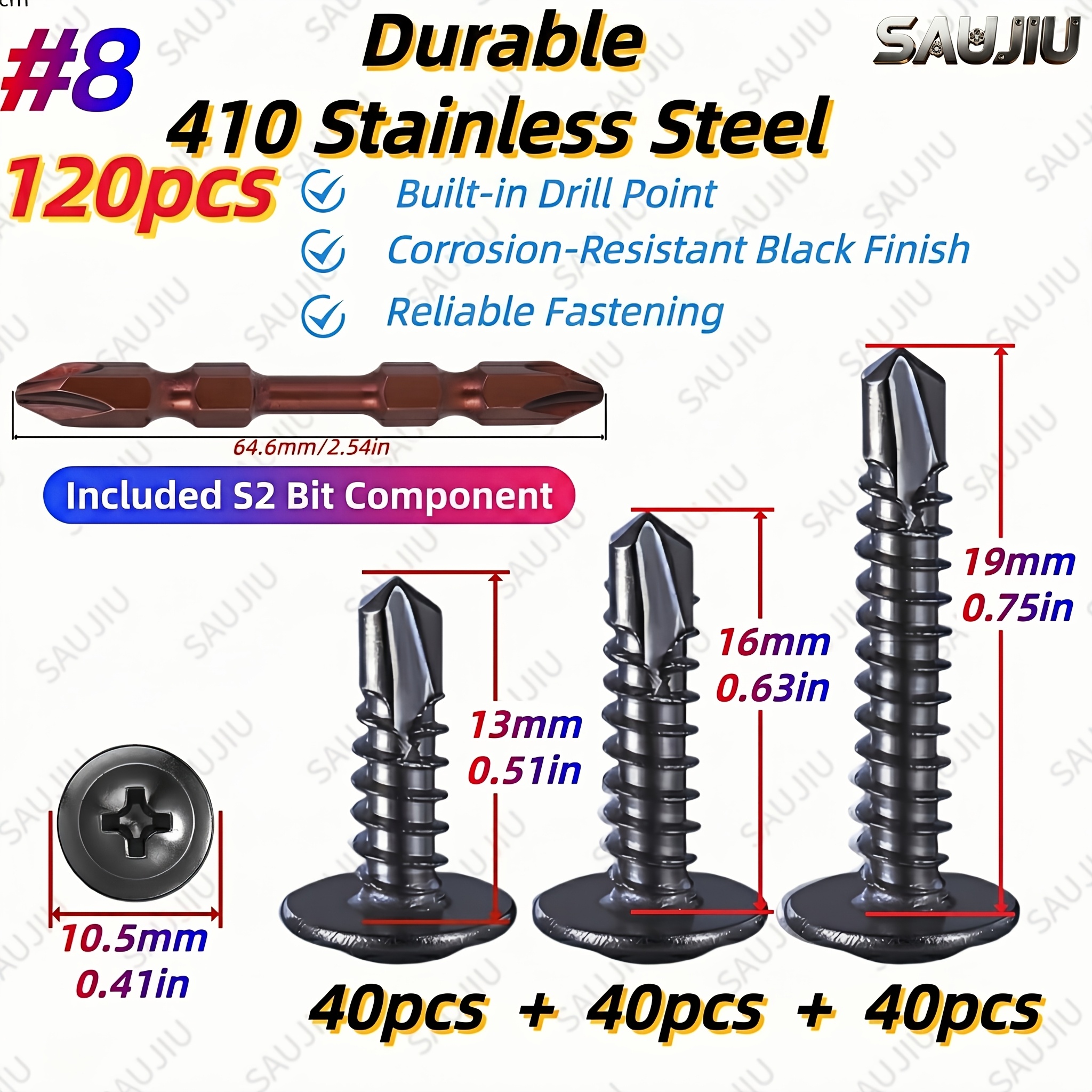 Image of 120pcs Black Phillips Sheet Metal Screws With Included S2 Bit Components, 410 Stainless Fasteners For Diy Repair, 13mm-19mm (1/2" To 3/4")
