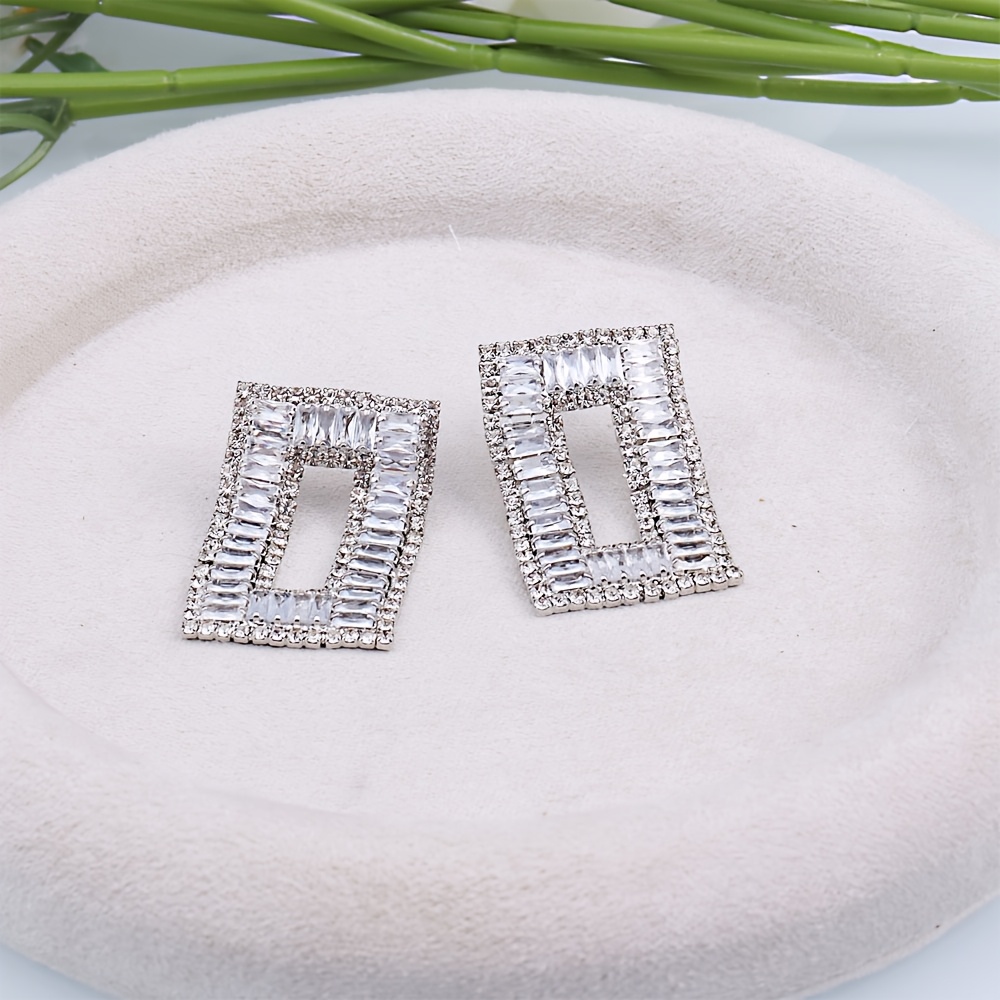 Luxurious Geometric Rectangular 3A Zirconia Rhinestone Earrings, Gift Box