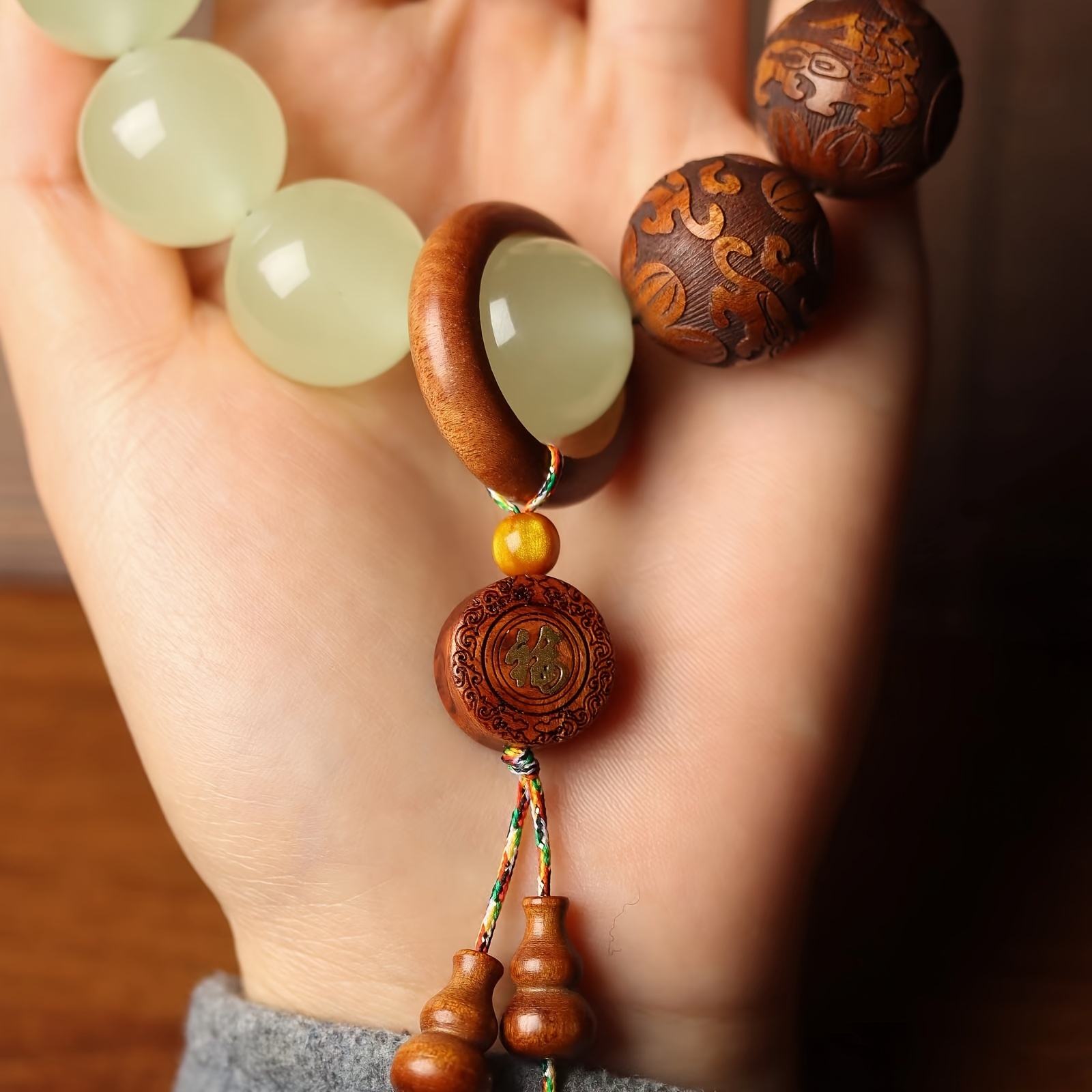 sandalwood pear wood carved luminous beads string with fortune words retro style handcrafted prayer beads for men spiritual gifts meditation accessories jewelry Product details 2
