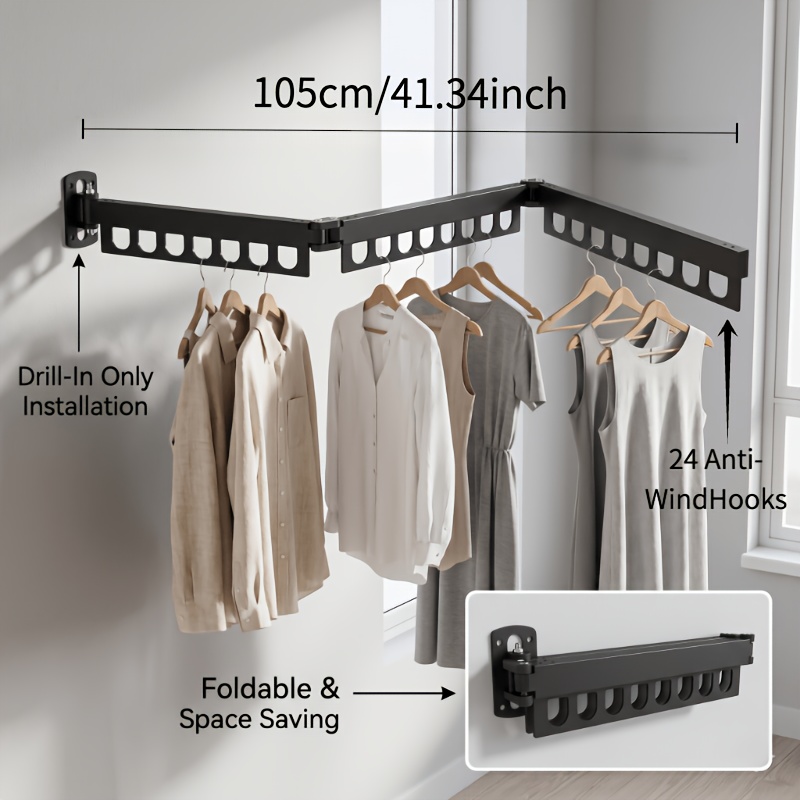 item picture tri fold wall mounted telescopic clothes drying rack 41 3 inches 105cm   installation space saving drying rod for small   apartments and laundry rooms with windproof hooks and large capacity drying rack drying racks