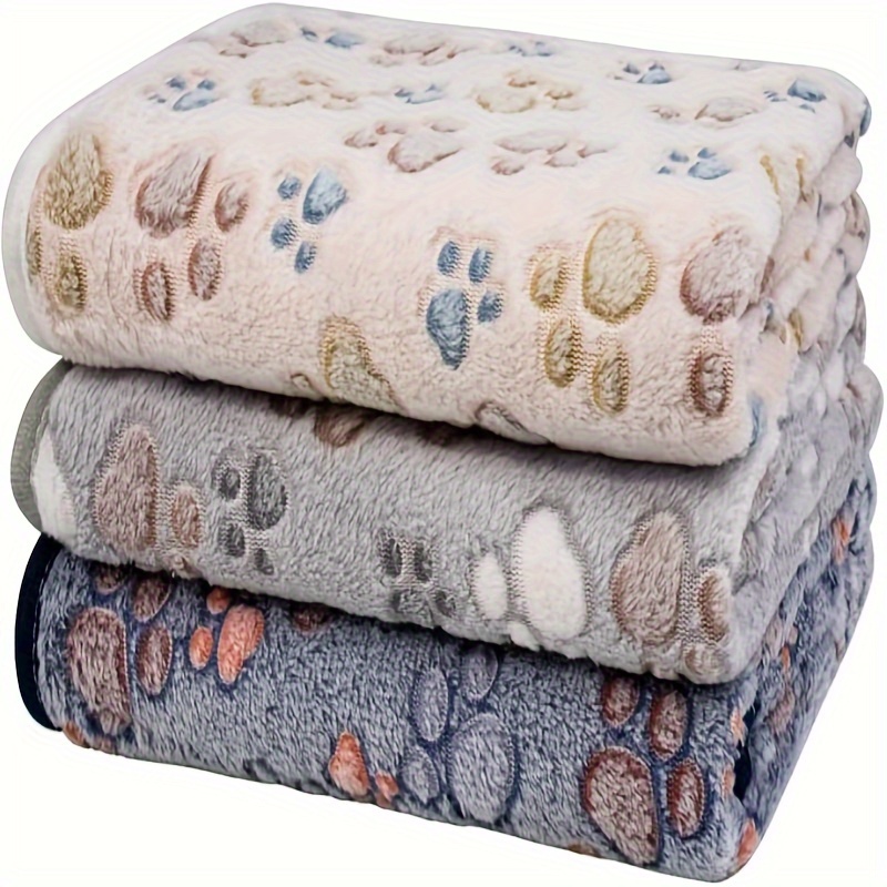 

3pcs Ultra- Fleece Dog Blankets With Paw - Stain Resistant, Machine Washable Pet Mats For Small To Large Breeds