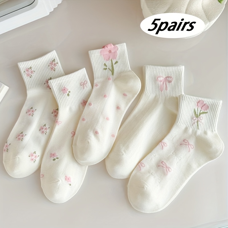 E-shop 5 Paar Damensocken mit Blumen- und Schleifenverzierung bis zur Wade - Weiche Pastelltöne, Atmungsaktiver für Freizeit & Formelle Anlässe,