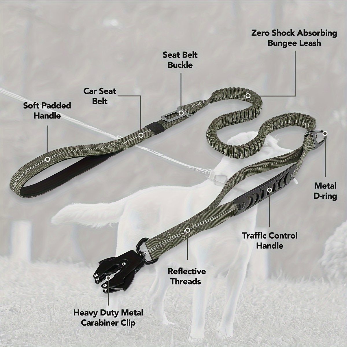 Heydoggy Heavy Duty Dog Leash - 6ft Reflective Nylon, Double Padded Handle, Auto Lock Clip