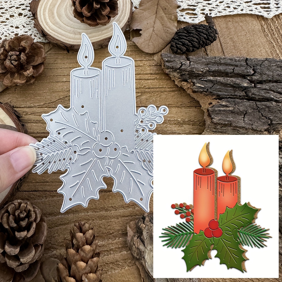 

Christmas Candle & Floral Metal Cutting Dies Set For Scrapbooking - Diy Paper Craft Embossing Tools, Stamping Supplies