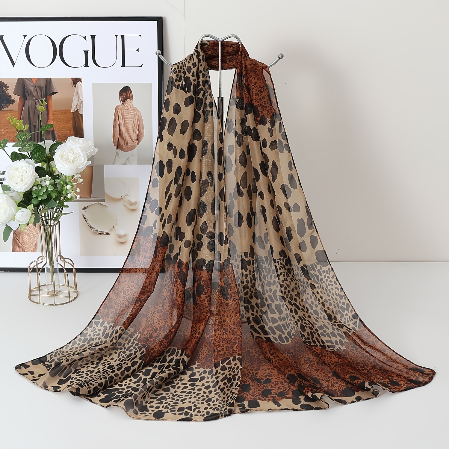 TEMU Bandana Summer Small Scarf New Retro Fashion Leopard Print Scarf Chiffon Printed Long Rectangular Scarf -friendly Thin Shawl