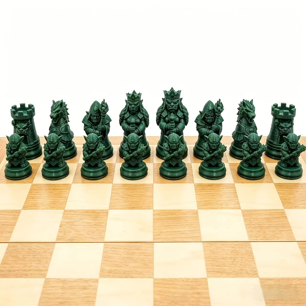 Image of 16pcs 3d Fantasy Orc Theme Western Chessboard Pieces Unique Forest Dark Green Resin , Pieces An Ancient Texture Vivid Orc-themed Design With Detailing, Full Of Fantasy Flair