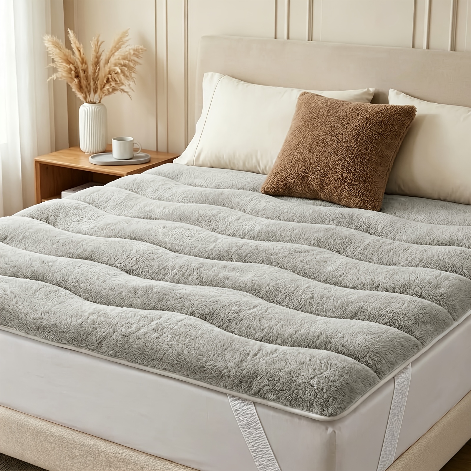 Image of Warm Mattress Topper, Mattress Protector Pad, For Autumn And Winter, With A Soft Sherpa Surface And Wavy Quilted Design, Stylish And Beautiful, The Perfect Companion For Sleep