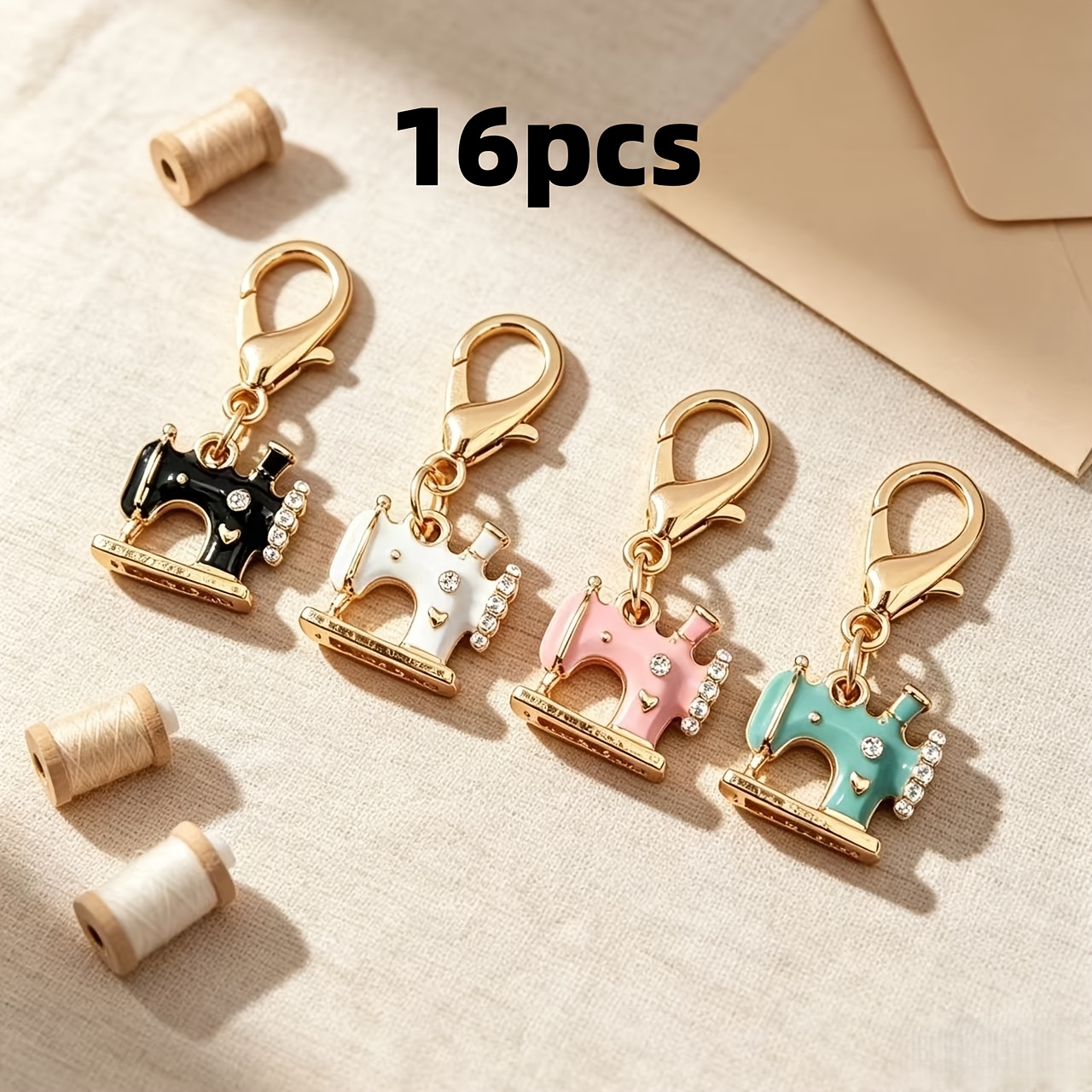 TEMU Lot de 16 porte-clés en alliage de machine à coudre avec strass, breloque pour sac à main de femme avec mousqueton, anneau de clé décoratif pour