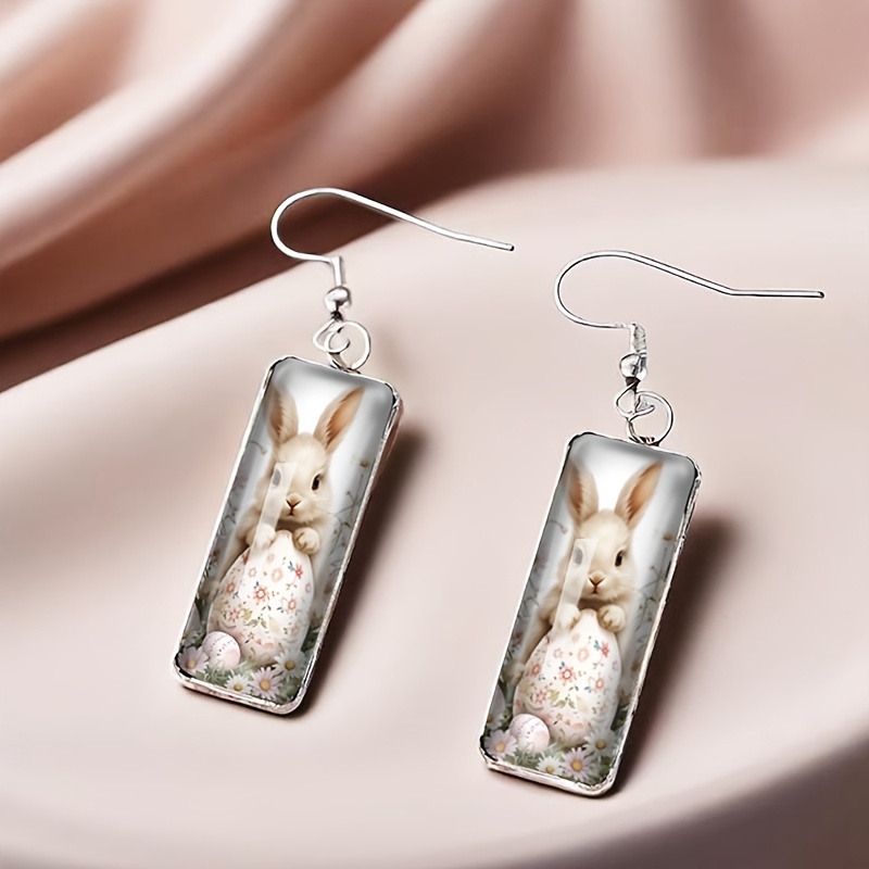 TEMU Fashion Easter Egg Bunny Illustration Rectangular Hook Pendant Earrings Glass Jewelry Earrings Men's Jewelry Gifts, Without Battery