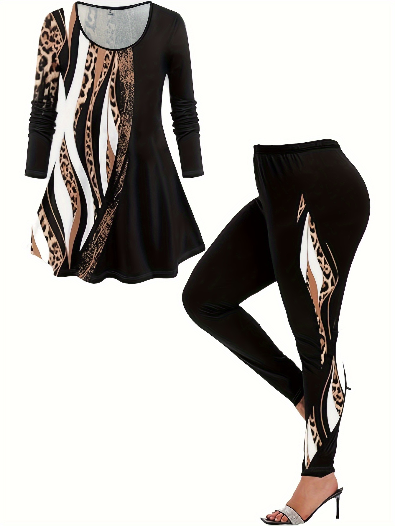 Casual Two piece Set Tiger Print Long Sleeve Top Leopard - Temu