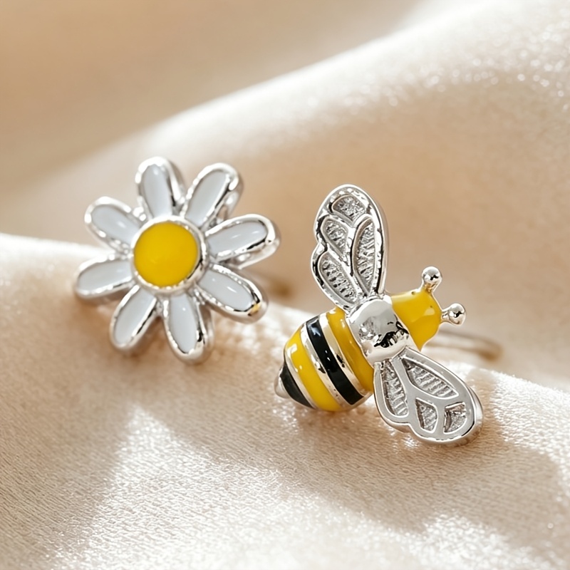 TEMU 1 Pair Creative Enamel Flower, Bee, Stud Earrings, For Women Vacation Casual Elegant Cute Animal Earrings Jewelry Gift