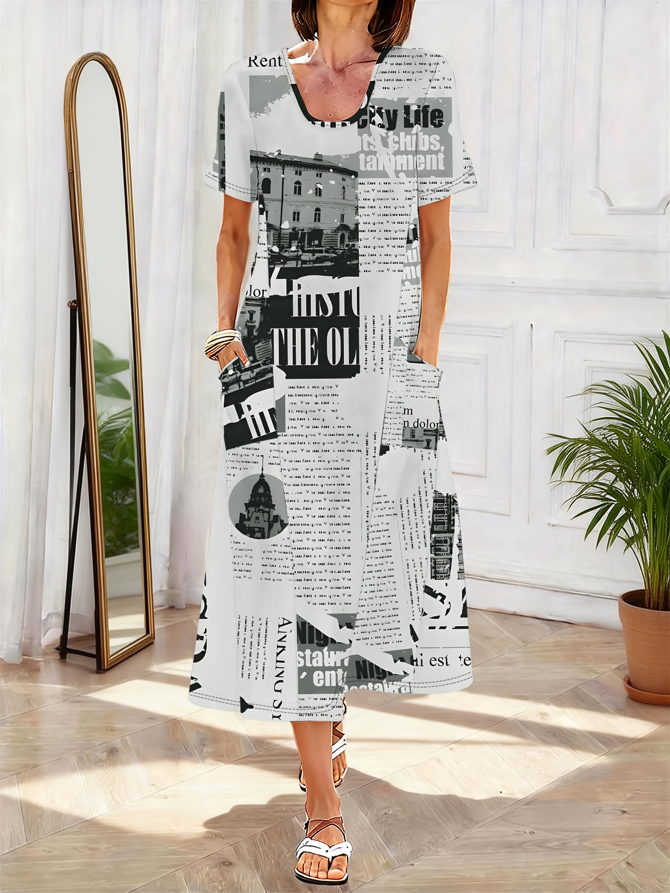 item picture womens vintage newspaper print maxi dress short sleeve pocket dress with pockets round neck loose fit beach dress suitable for wear machine washable casual outfits for travel everyday lettering pocket