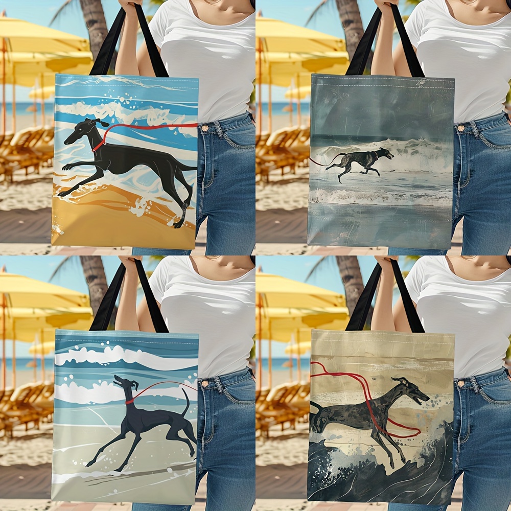 

1pc, Beach-inspired Canvas Tote Bag With Running Dog Print, Shopping And Work Handbag, Shoulder Bag, Casual Daily Carry-all