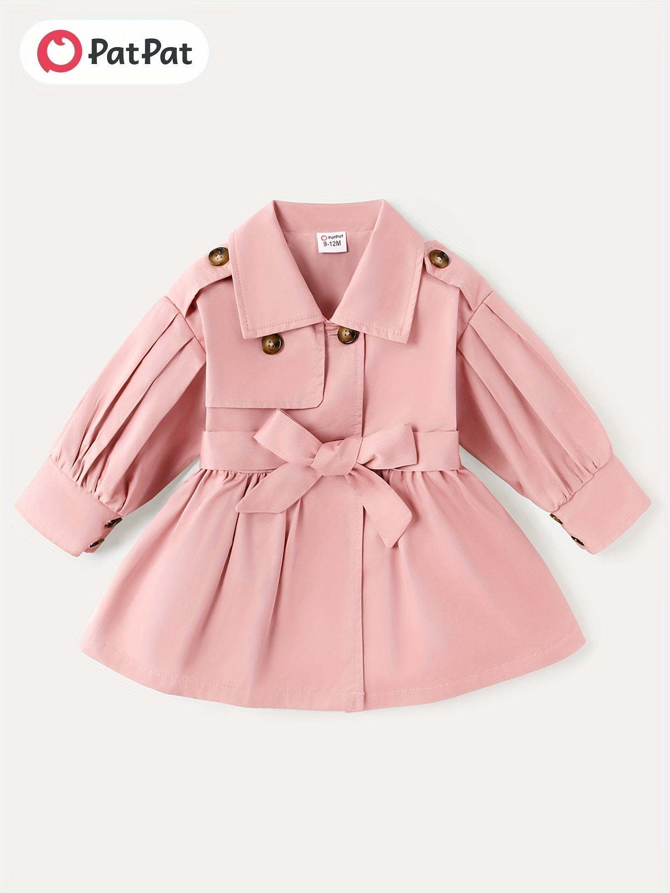 Toddler Girl Ruffled Textured Lapel Collar Button Design Belted Coat