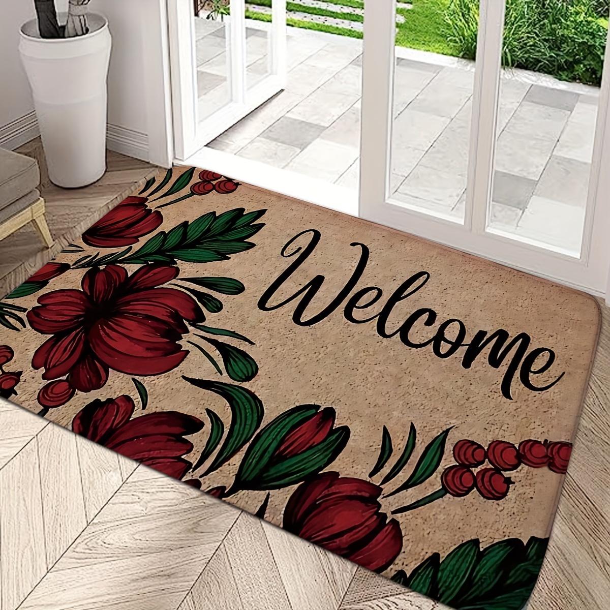 

welcome" Red Flower Outdoor/indoor Door Mat Carpet - Machine Washable, Rectangular, Non-slip, Medium Pile, Machine Made, Polyester Material