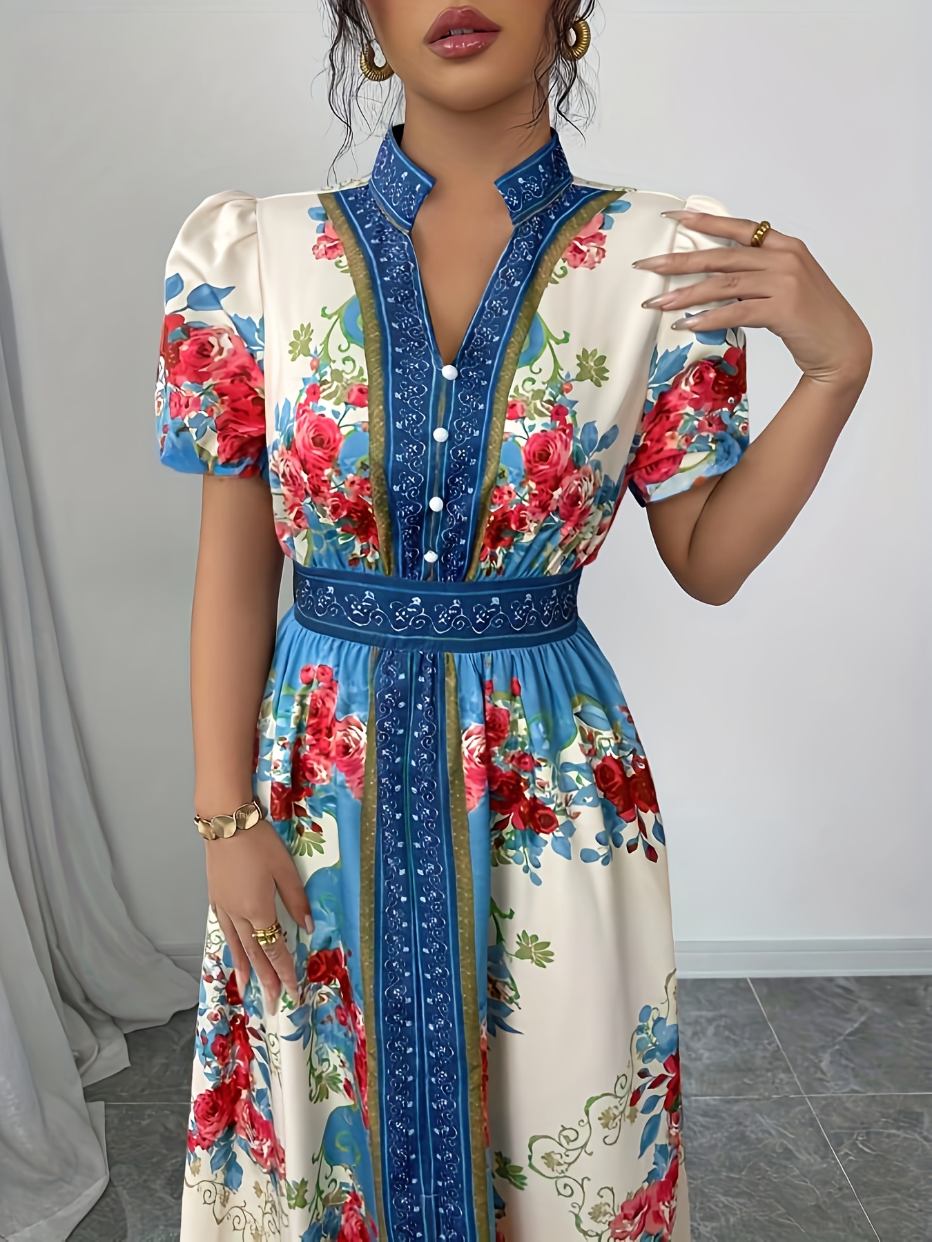 womens floral print elegant a line dress with stand up collar puff short sleeves machine washable summer long dress with side   regular fit for casual formal occasions cute dresses Product details 17